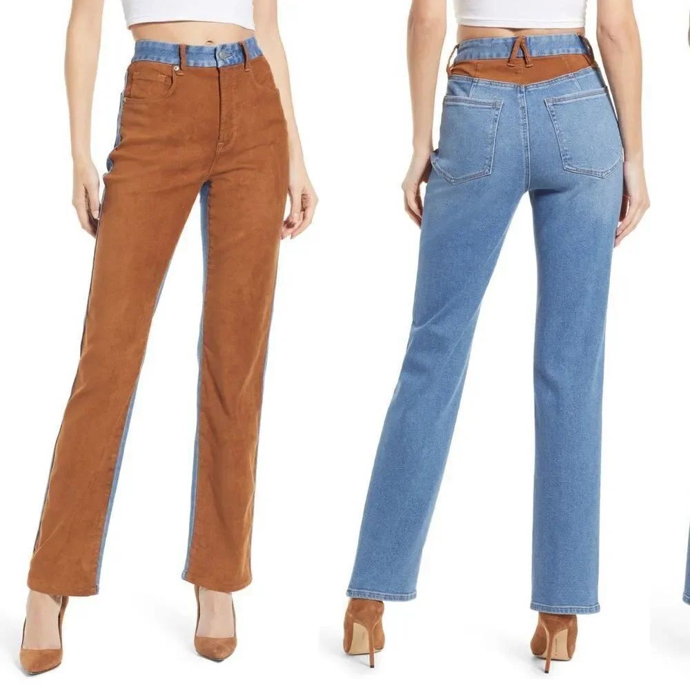 Good American Icon Mixed Media Denim & Faux Suede Pants NWT